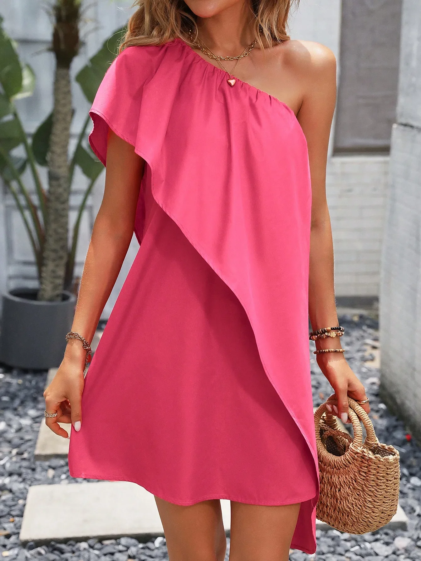 

Casual elegant women's dress diagonal collar short-sleeved wooden ear ruffled edge asymmetrical woven casual women's dress