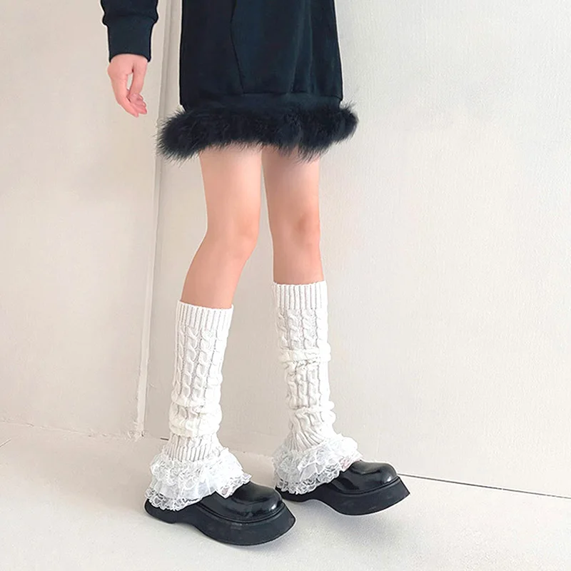 Multi-Layer Lace Leg Warmer Japanese Style Autumn Winter Twist Stripes Knitted Long Socks JK Bunching Socks Boot Cuffs