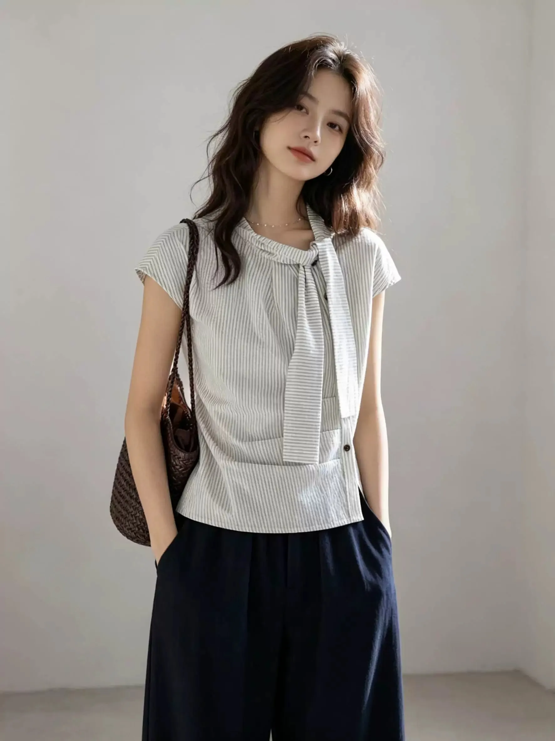 

Retro Floral Neck Short Sleeve Slim Fit Striped Shirt Women Summer Design Slanting Button up Breathable Casual Top