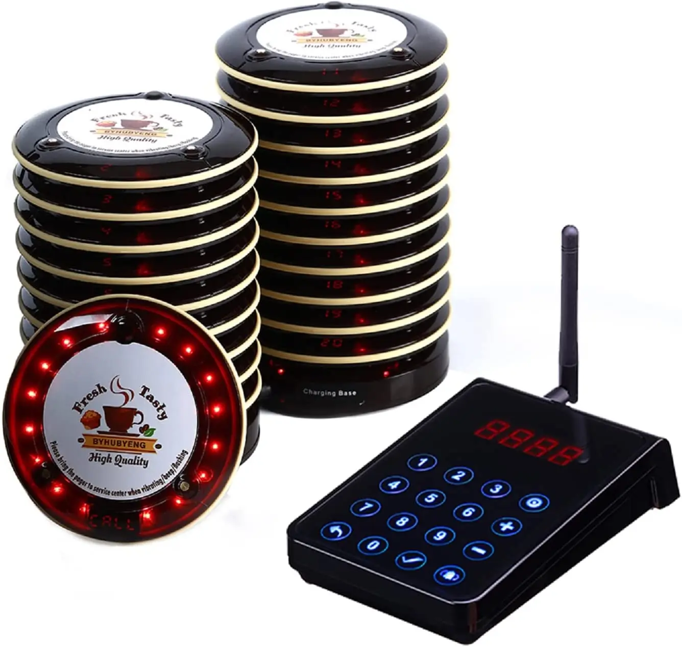 BYHUBYENG 30 buzzer Coaster Customer Calling Pager  Restaurant Vibrate Long Range Waiting Guest Paging System