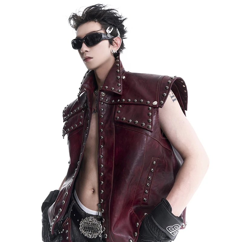 FEWQ Niche Design Rivet PU Leather Jacket Vest Men\'s Punk Turn-down Collar Sleeveless Solid Color Male Tops Fashion 24E2161