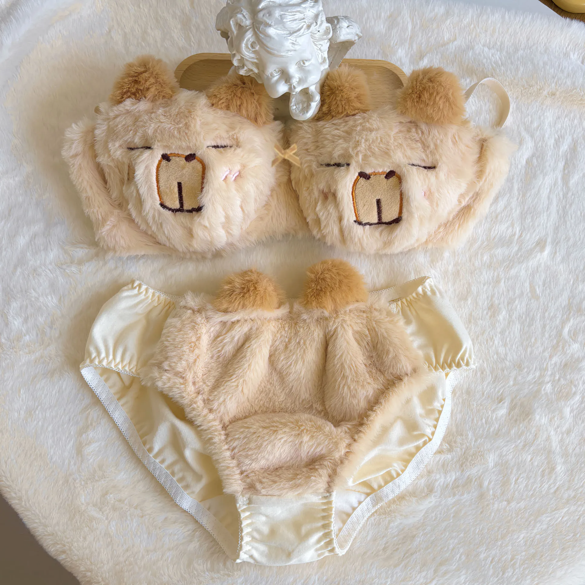 Furry fall and winter lingerie plush underwear cute girls students without steel ring bra set large size women bras