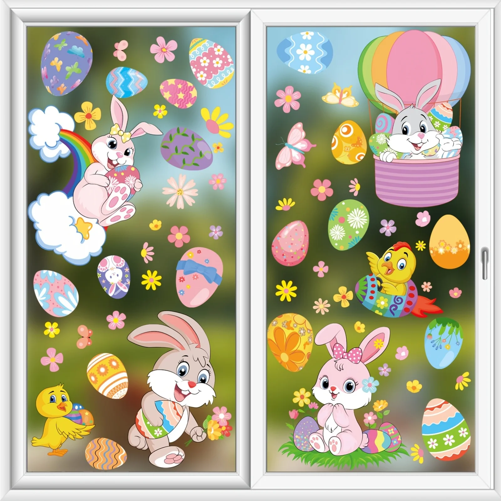 9 Blatt Frühlings-Oster-Fensteraufkleber, bunte Ostereier-, Hasen-, Küken- und Blumen-Glasfensteraufkleber, doppelseitig, wiederverwendbar