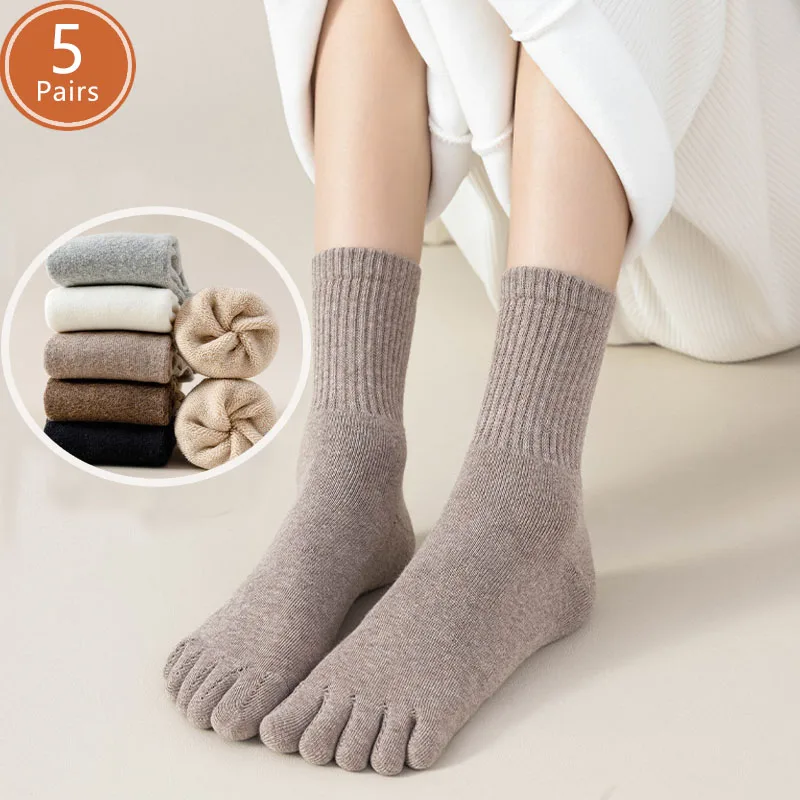 

5 Pairs Winter Thick Toe Socks Women Cotton Solid Breathable Warm Floor Sleeping Terry Against Cold Snow Loose Five Finger Socks