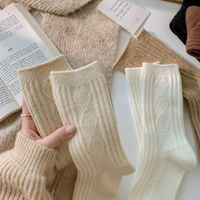 1 Pair New Cashmere Wool White Socks Women Winter Thicken Warm Harajuku Socks Cute Thermal Japanese Fashion Solid Color