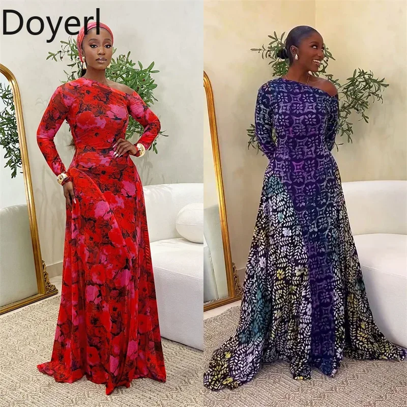 Doyerl Floral Druck Maxi Kleid Frau Langarm Skew Kragen Geburtstag Club Party A-line Lange Kleider Elegante Vestido De Mujer