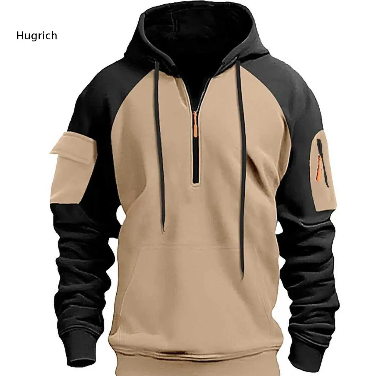 Mens Grey Black Splicing Quarter Zip Hoodie Drawstring Closure Front Kangaroo Pocket Arm Utility Pockets Outdoor Casual
