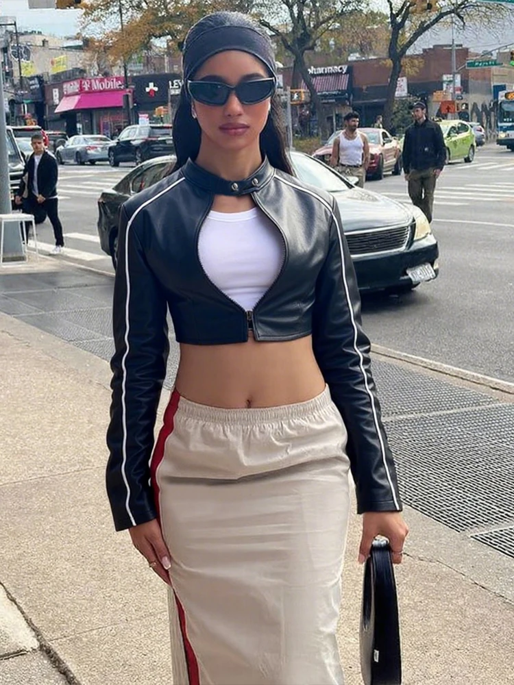 

Sisterlinda Trend, укороченная куртка в готическом стиле в стиле панк, женская укороченная куртка на молнии в полоску из искусственной кожи, дикая водолазка, сексуальная уличная полуночная клубная одежда, пальто