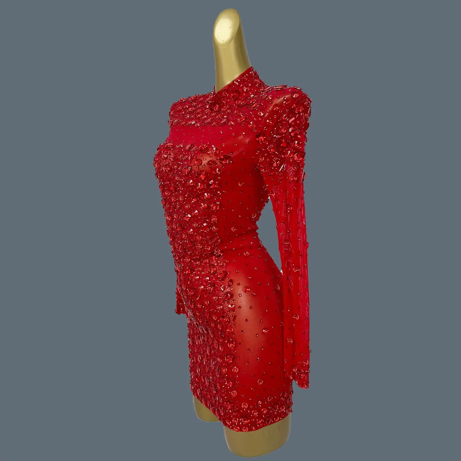 

Sexy Long Sleeved Mesh Red Crystals Mini Dress Shine Rhinestones Party Celebrate Birthday Elegant Dress Photography Wear Cuixing