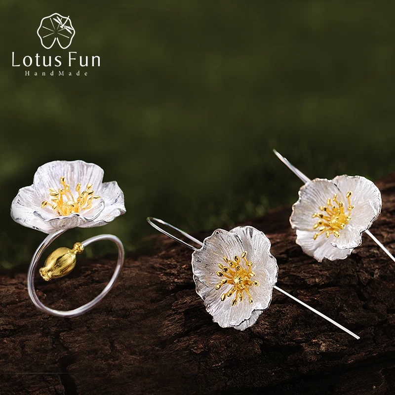 Lotus Fun Real 925 Sterling Silver Handmade Fine Jewelry Blooming Poppies Flower Jewelry Set for Women