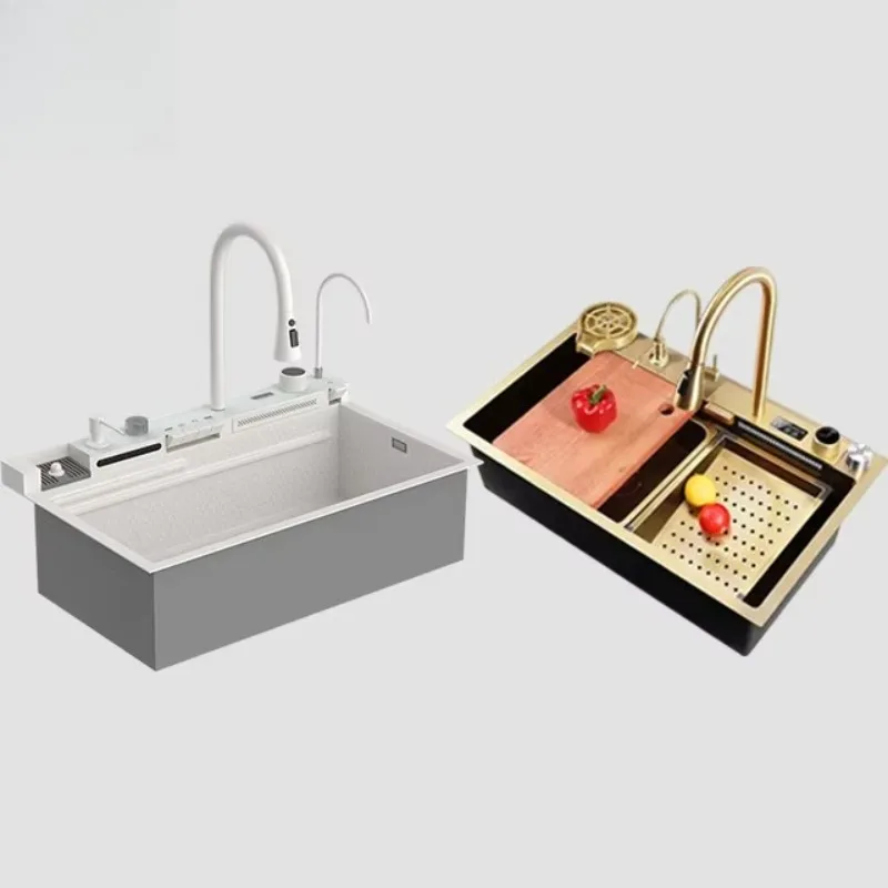 Popular Large Single Slot Multi-Sink Anti-Scratch LED Digital Display 304 Stainless Steel Waterfall Bowl Kitchen Sink