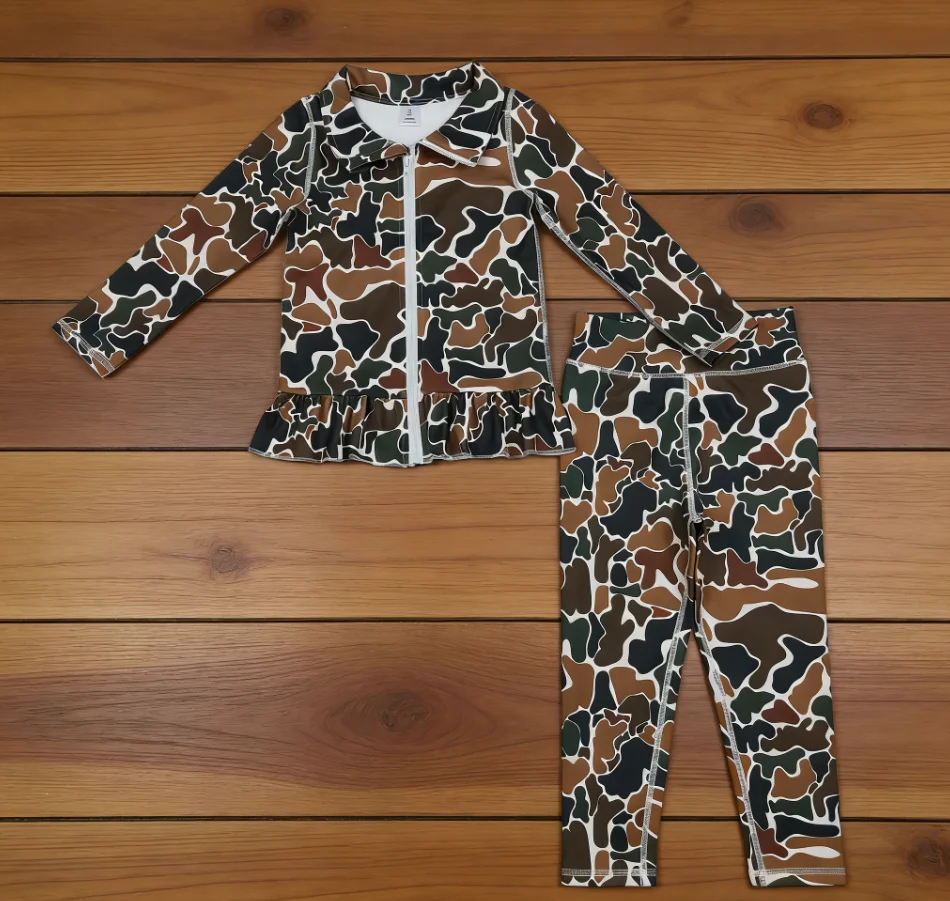Toddler Legging Set - ขายส่งชุดกีฬาเด็กวัยหัดเดิน ชุดลายพรางสีน้ำตาล เสื้อแขนยาวมีซิปสำหรับเด็กผู้หญิง กางเกงเลกกิ้งเด็ก ชุดโยคะ