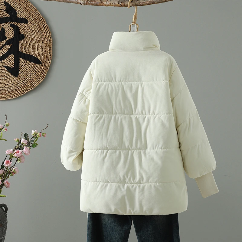 Winter Thiened Corduroy Bread Coat Loose Fit Warm Stand Collar plus Size  Color Cotton Jaet Outerwear for Women