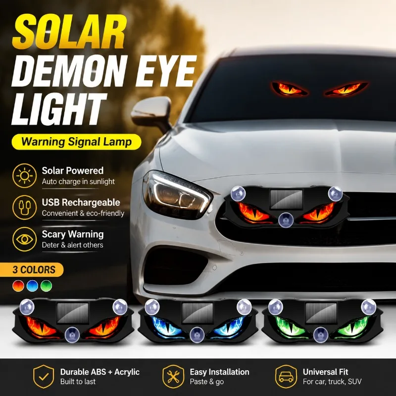 Solar Car Demon Eye Light, 1W LED Warning Signal Lamp, ABS+Acrylic, Solar Powered & USB Rechargeable, Universal for Car Truck