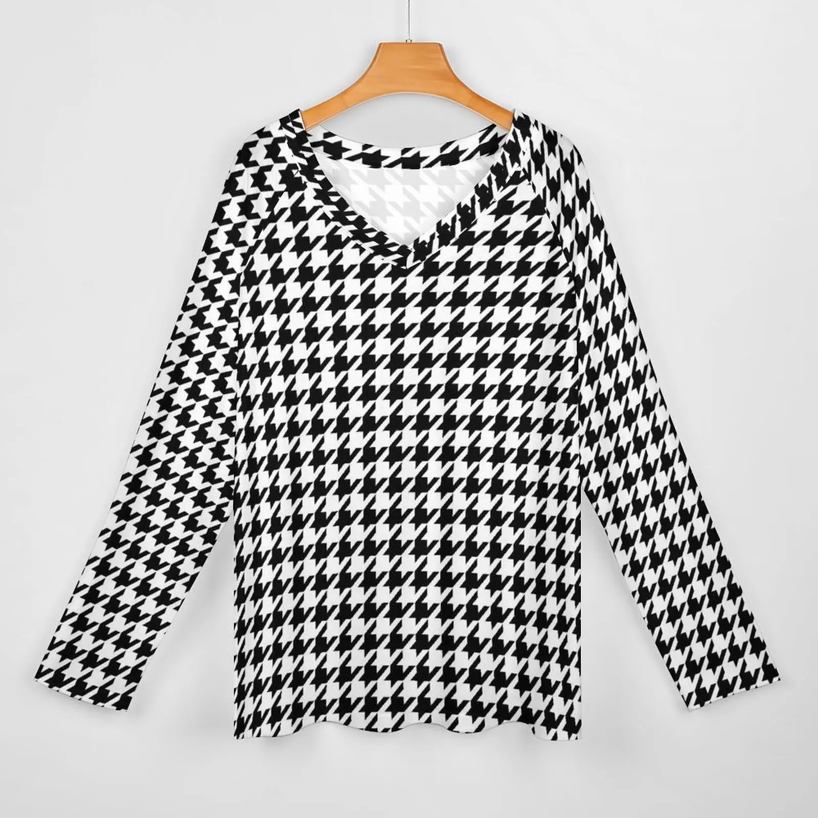 Cool Houndstooth T Shirts Checkered Print Casual T-Shirt Long Sleeve Y2K Design Tees Woman Clothing 3XL 4XL 5XL