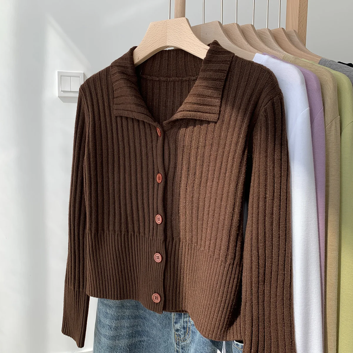 Brown Ribbed Knit Polo-Neck Button Down Sweater Cardigan for Women Teen-girl Fall Winter Cozy Knitwear Vintage Outfit