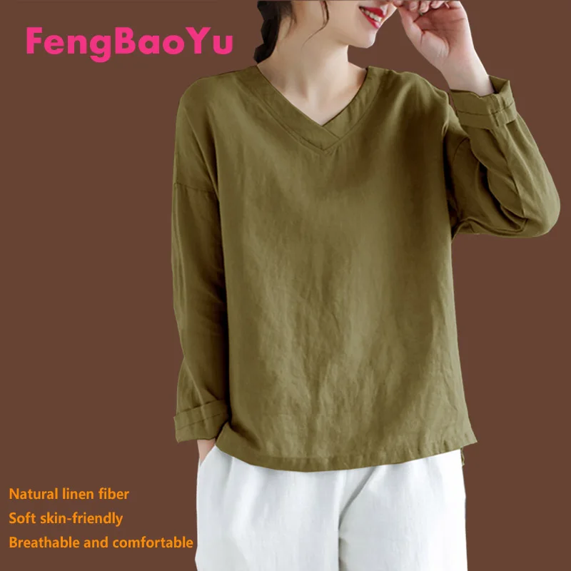 

Fengbaoyu Linen Spring Summer Ladies V-collar Long-sleeved T-shirt White Shirt Large Size Weight 100KG Streetwear Free Shipping