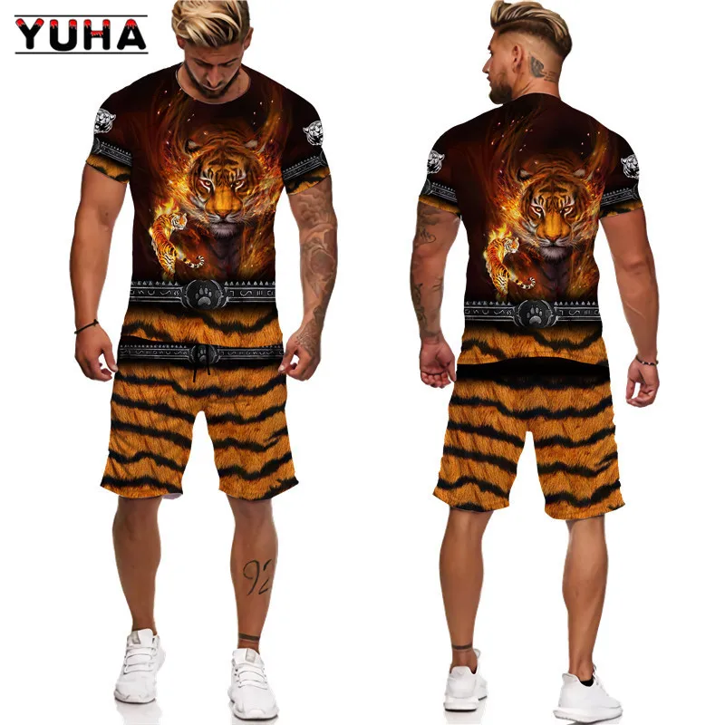 YUHA,Tiger King 3D Printed Men\'s T-shirt+Shorts Suit Unisex Cool Animal Summer O-Neck Tops Men/Women Couple Sport Wear Tracksuit