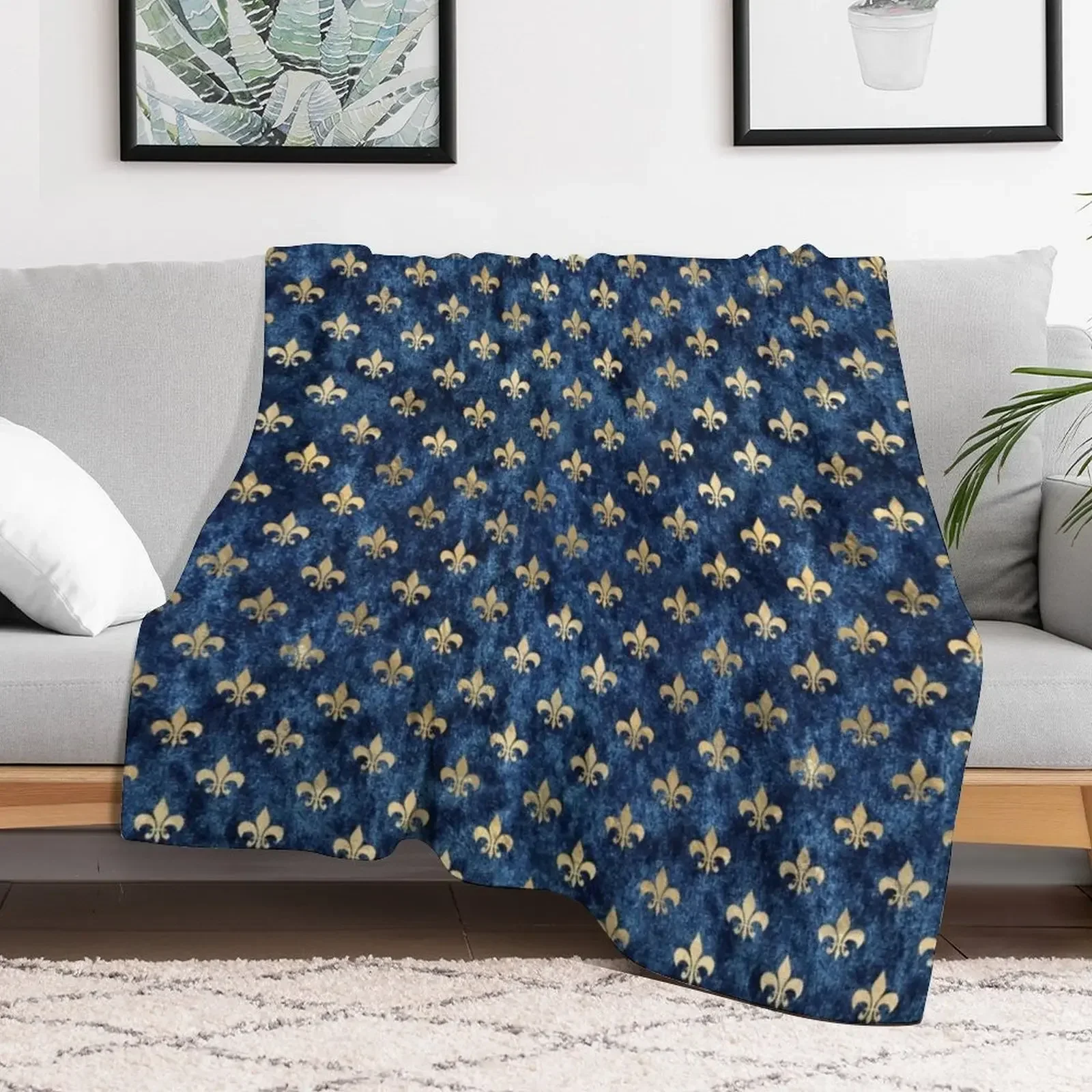 Old Blue Golden Fleur De Lis Pattern Throw Blanket Picnic Quilt Tourist Hair Blankets