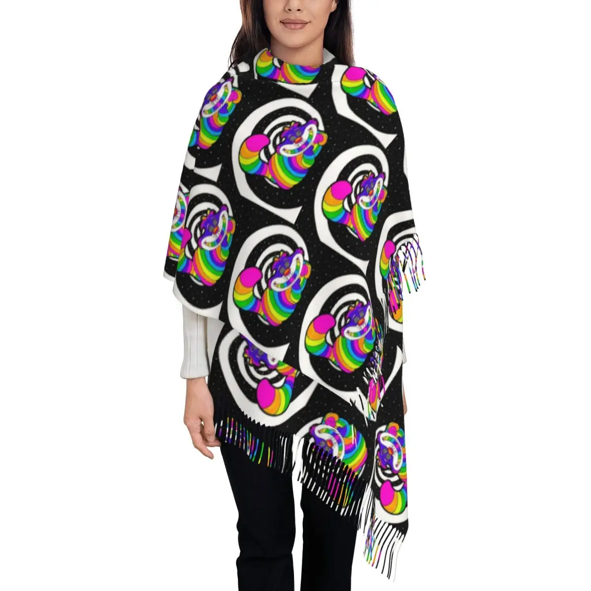 

Стильный стильный чеширский кот с улыбкой на заказ, красочный шарф с кисточками, женские зимне-осенние теплые шали, женские шарфы