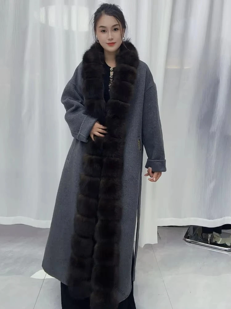 Women's Oversized Wool Blends Coat Long Maxi Wool Coat with Fur Straight Sleeves Warm Winter Luxury Old Money for Formal Wear