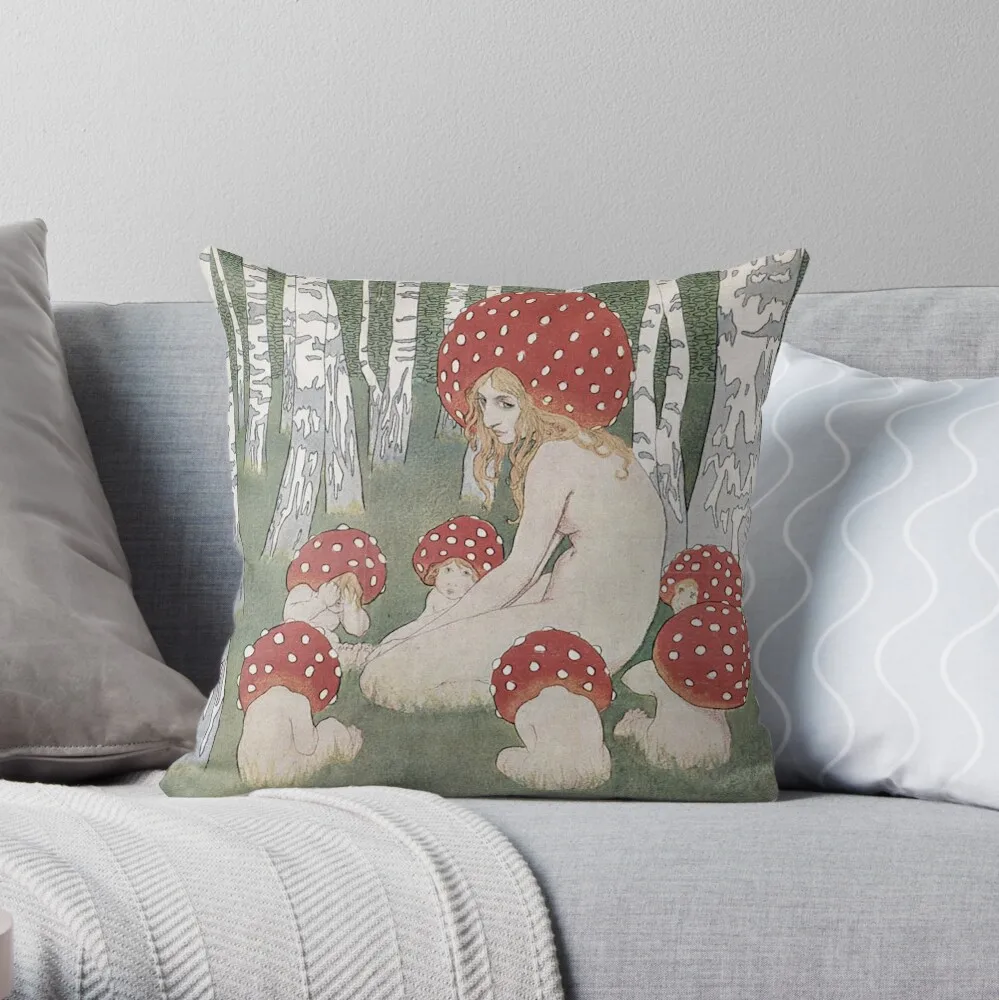 MOTHER MUSHROOM WITH HER CHILDREN - EDWARD OKUN Throw Pillow Luxury Cushion Cover