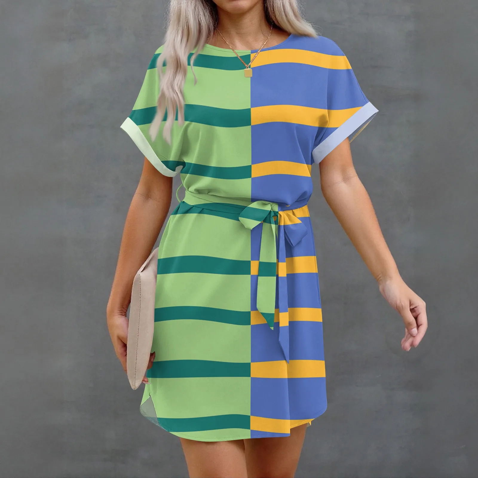

Summer Dress 2025 Womens Summer Short Dresses O Neck Casual Batwing-Short Sleeve Belted Dress For Women Mini Dress 짧은 치마