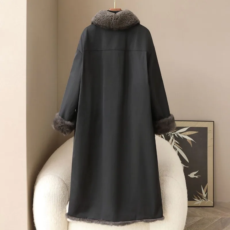 معطف فرو أرنب على الوجهين لعام 2025 معطف نسائي شتوي X-طويل سترات سميكة دافئة برقبة صوف معطف نسائي ملابس خارجية #4