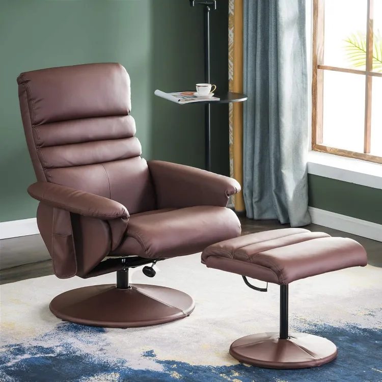 Recliner Chair with Ottoman, Swivel Living Room Chairs, Faux Leather Reclining Chair with Massage 7902 (Light Brown)