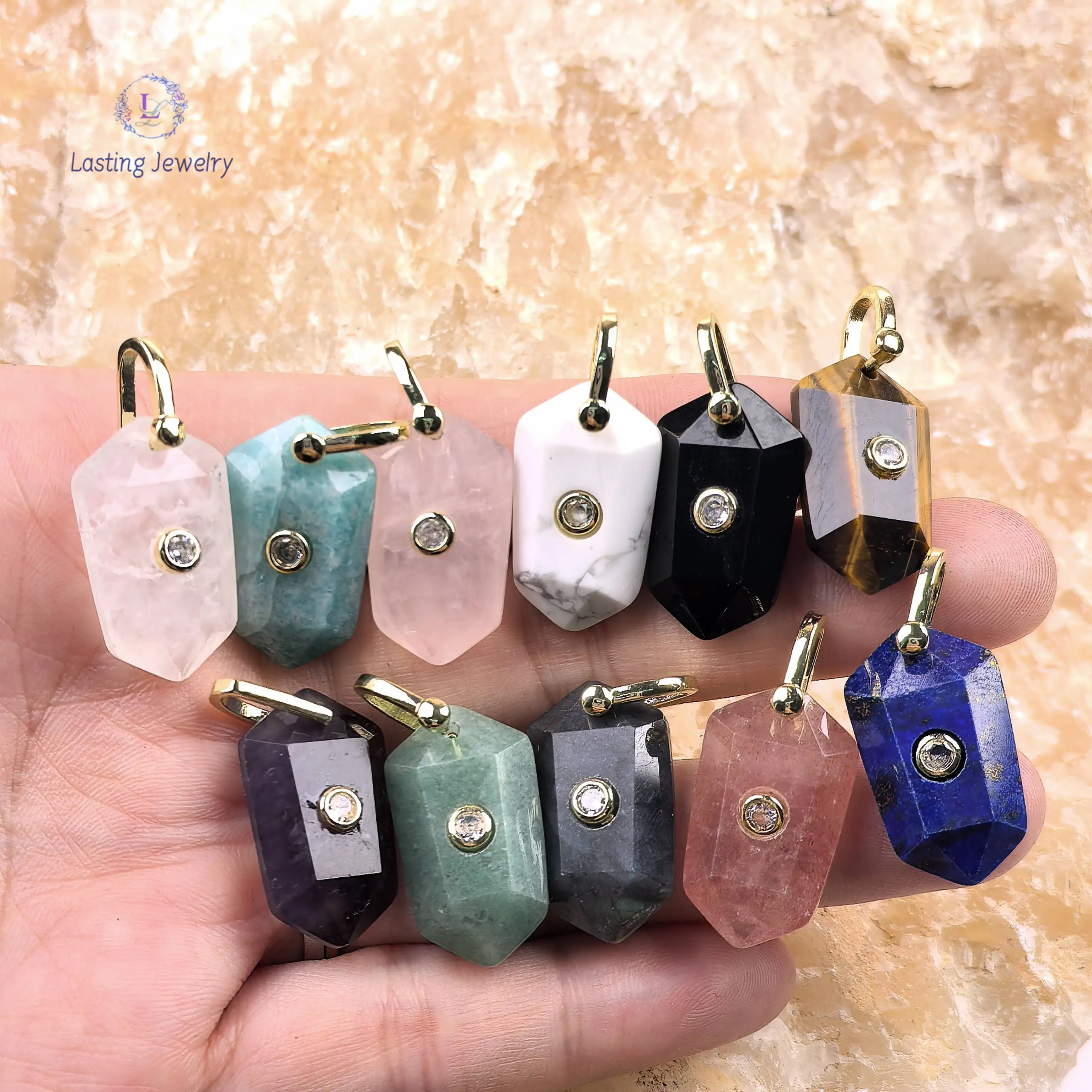 

Faceted Crystal Stone Double Point Pendants With Inlaid Zircon Charms For Necklace Jewelry Making Rose Quartz Tiger Eye Obsidian