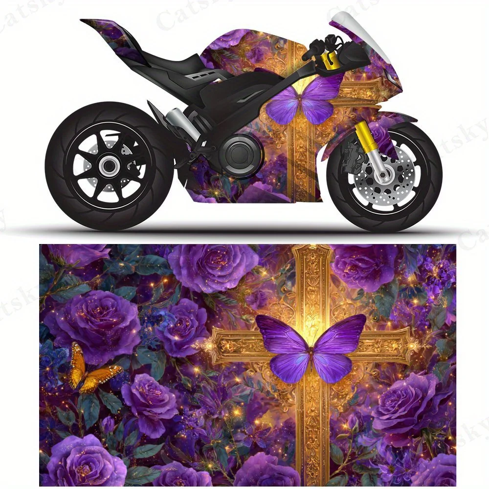 

Cross with Purple Butterflies & Roses Motorcycle Film Stickers, Durable PVC Adhesive Decals for Motorcycle Customization, Weathe