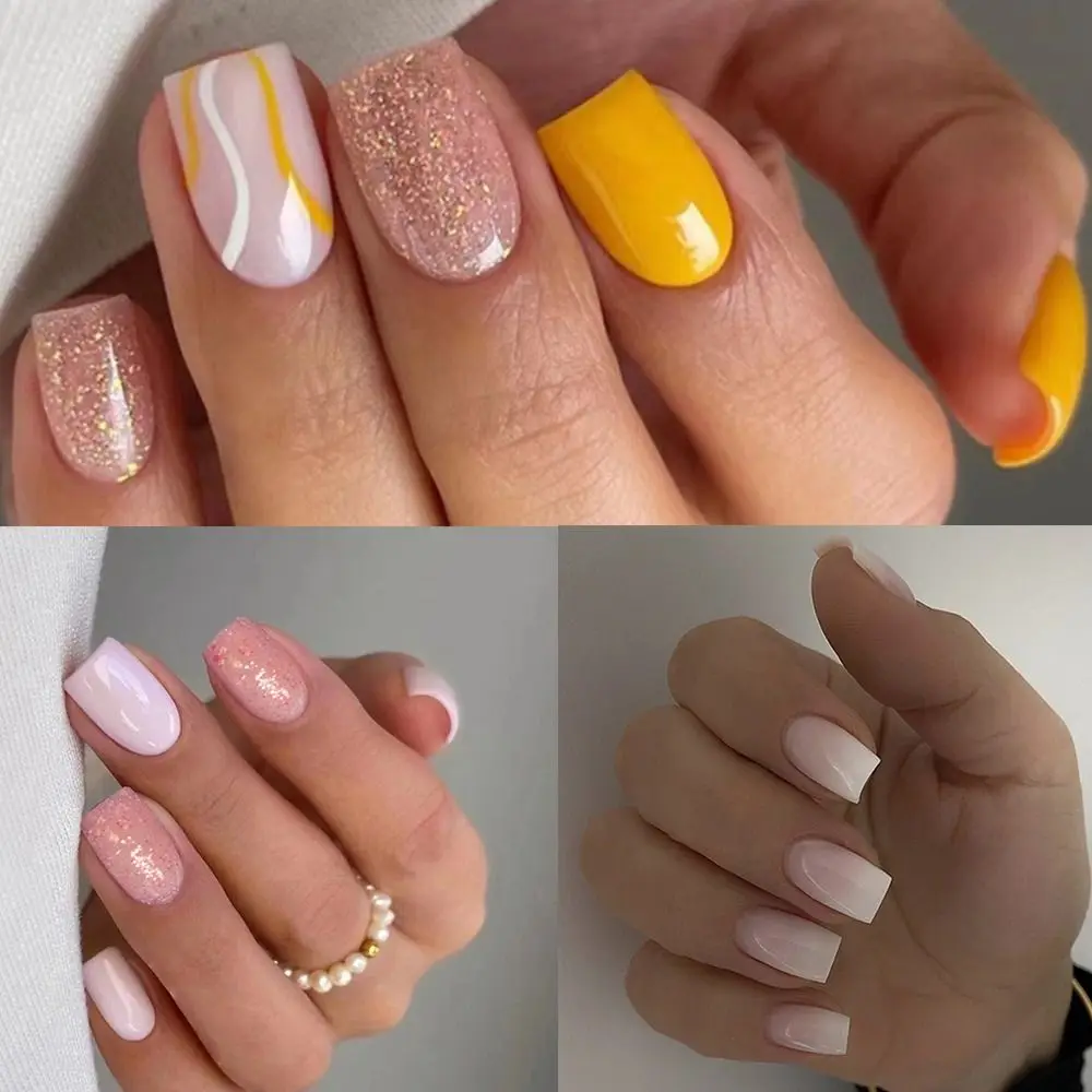 جديد طويل مربع الأظافر كاذبة الوردي الأبيض البرتقالي غطاء كامل اضغط على الأظافر انفصال الفرنسية وهمية Nials DIY بها بنفسك