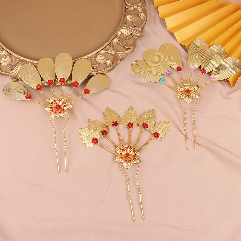 Southeast Asia Thai Dai Hairpin Big U-shaped Hair Needle Vintage Ethnic Style Golden Leaf Bridal Headdress Wedding Hair Ornament