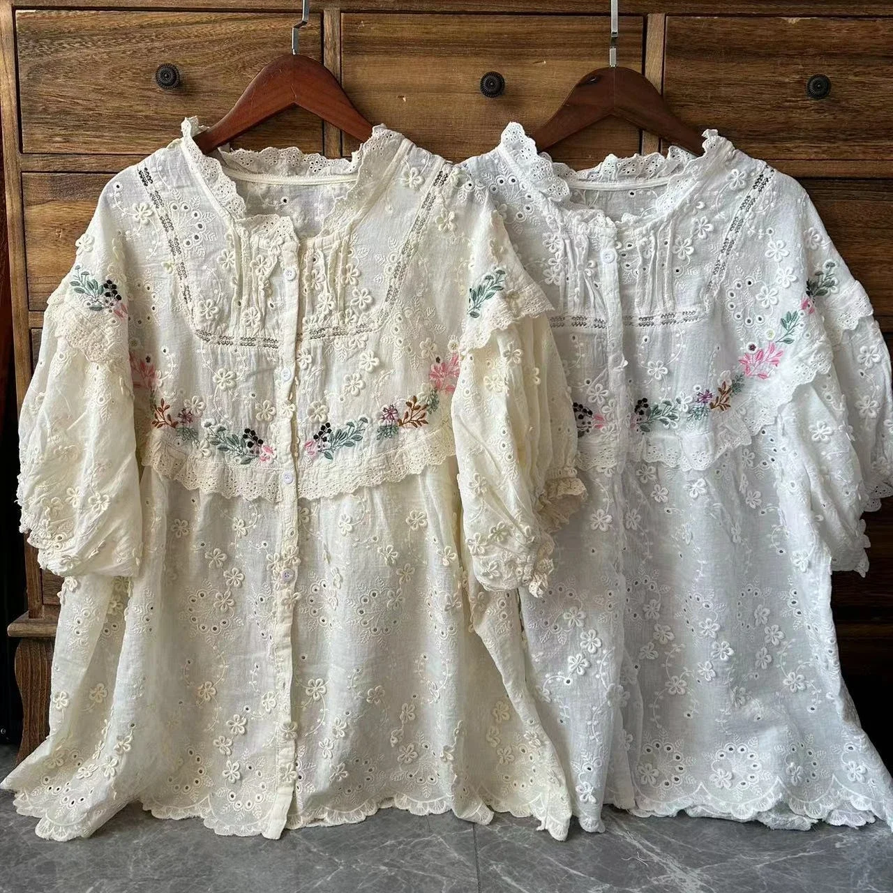 Summer Women Vintage Cotton Sweet Floral Embroidery Short Sleeve Shirt Retro Chic Ruffled Lace Cottagecore Rococo White Blouse