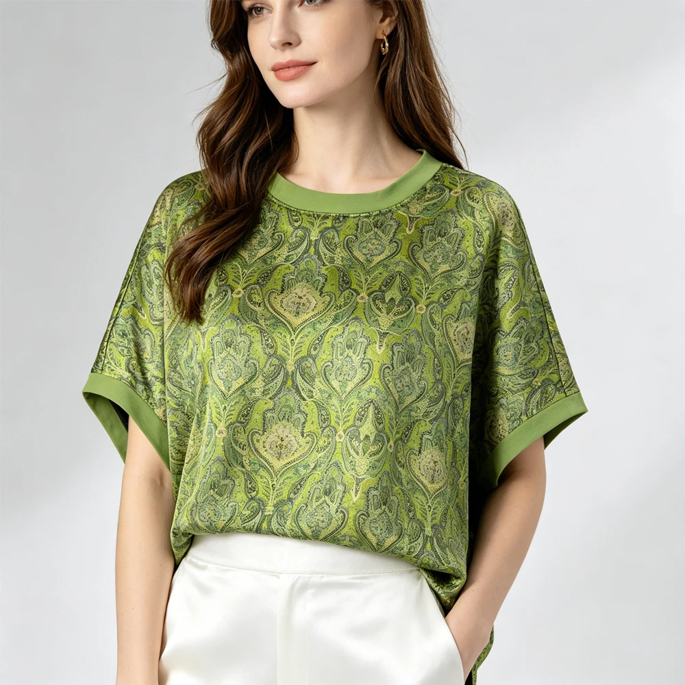 Plus Size Women's Casual Summer New Elegant 100% Natural Mulberry Silk Fragrant Cloud Yarn Loose Round Neck Short Sleeve T-shirt