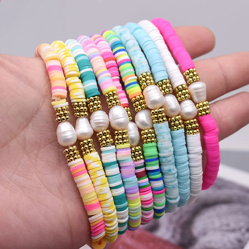 Boho Pearl Charm Bracelets Polymer Clay Disc 6mm Beaded Bracelet For Female Summer Beach Bracelets Women 2022 Fashion Jewelry