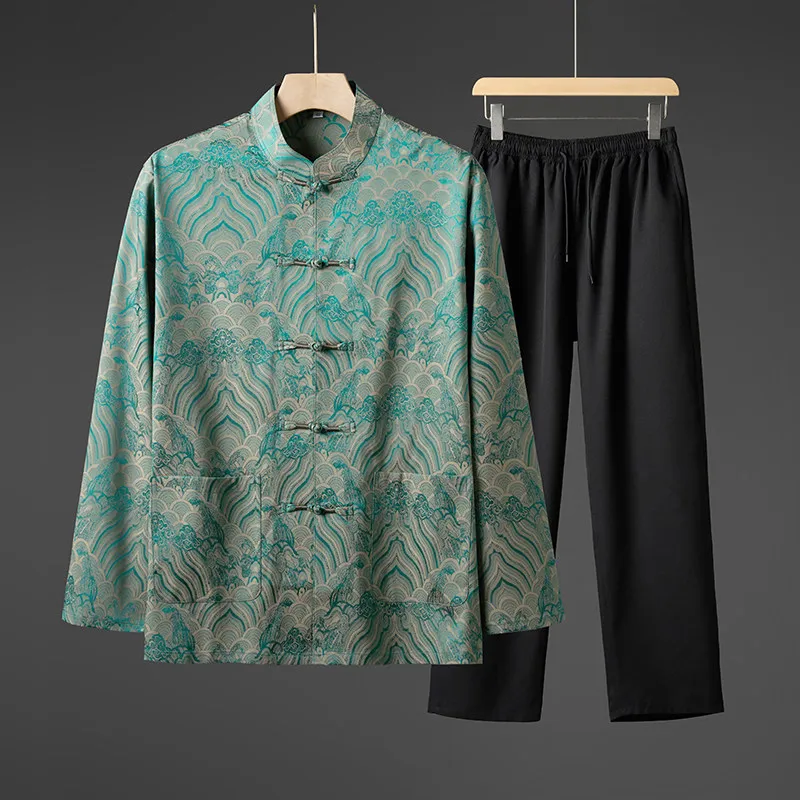 Men's New Chinese Style Long Sleeve Tang Suit Set Autumn Brocade Pattern Mandarin Collar Loose Fit Casual Two Piece Outfits
