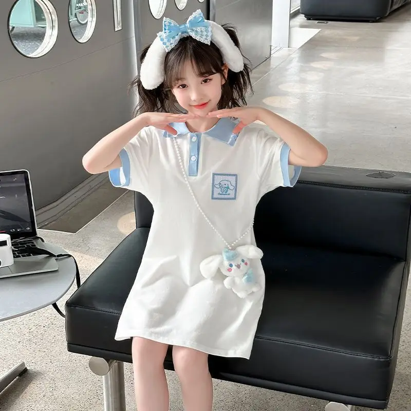

Sanriou Dress Cinnamoroll Princess Skirt Short Sleeve Polo Skirt Child Summer Anime Girl Clothing Cotton Cartoon Festival Gift