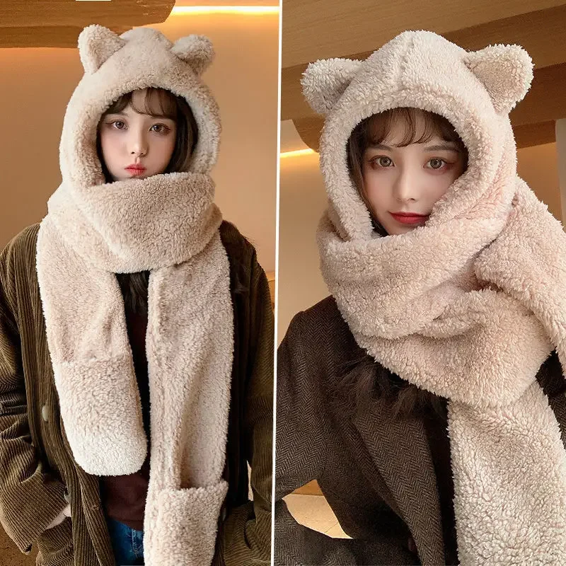 New 3pcs/set Thickened Bear Scarf, Hat & Glove Sets Women Cute Japanese Kawaii Winter Plush All-in-one Hooded Warm Gloves