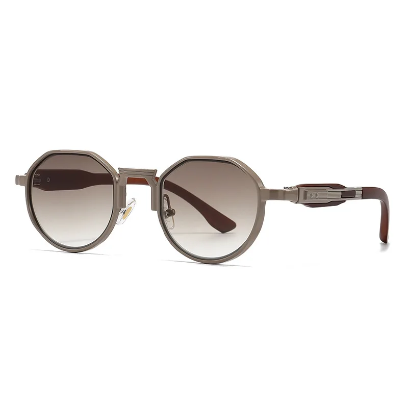 Retro Octagonal Metal Sunglasses Unisex Wood Grain Temples UV400 Anti-UV Vintage Shades for Driving Travel Beach Outdoor Eyewear
