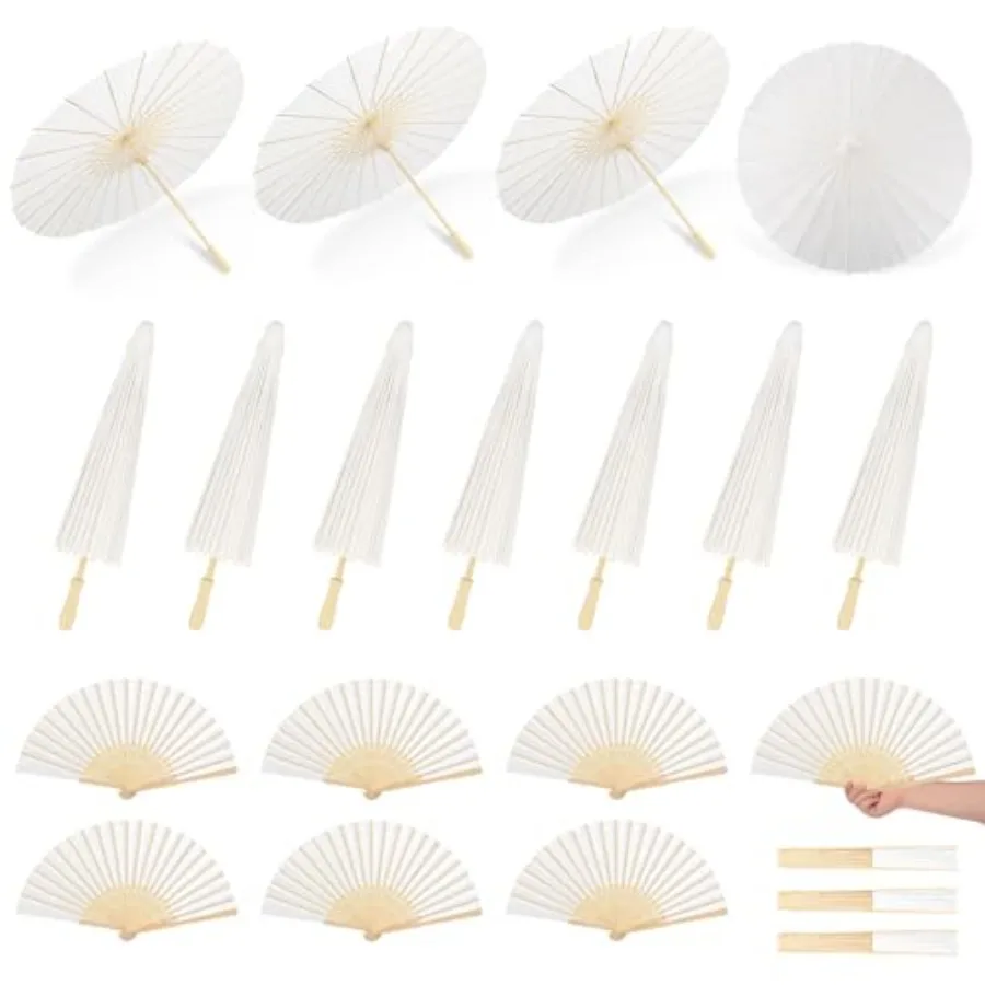 

5/10/20 PCS 33 Inch White Paper Umbrella with Folding Handheld Fans Paper Parasols Large Chinese Jnese Oiled Umbrella DIY Paint