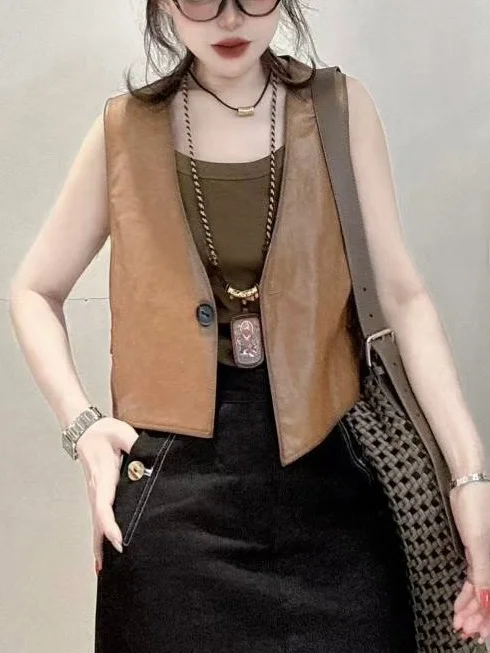 

Slimming Effect Leather Vest 2025 New Sle Women's eepskin V-Ne Single Button Svel Jaet ort Length Color