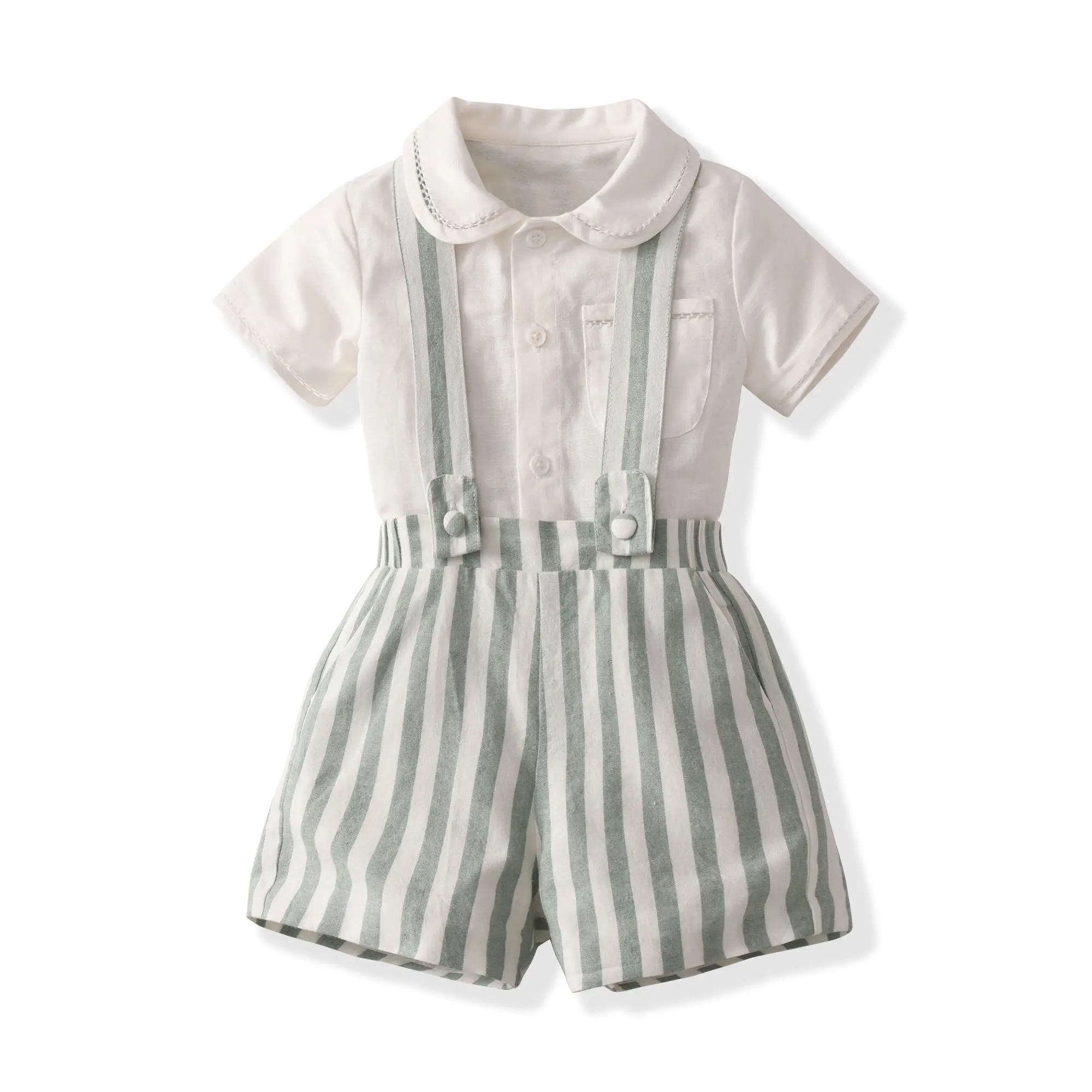

High Quality Boys Kid 2 Piece Sets Clothes Striped Suspenders Shorts Solid Color Short Sleeves T-Shirt Set For Kid Boy 3-4 Years