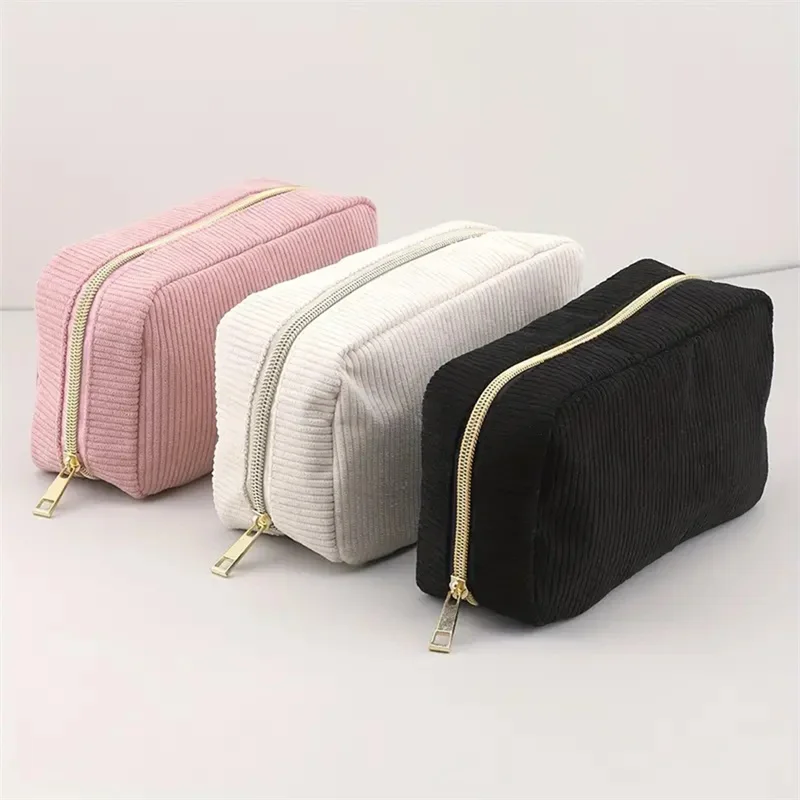 Borsa cosmetica da viaggio in velluto a coste borsa portaoggetti per trucco portatile borse da donna borsa per il trucco con cerniera e borsa per il