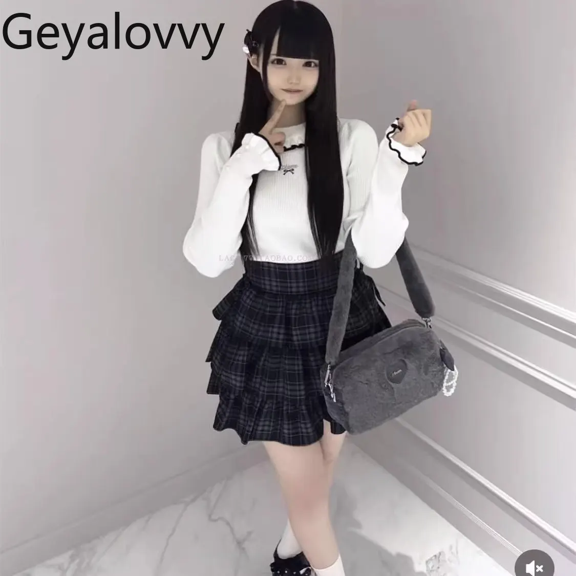 Estilo japonês puro original bonito cor-bloco babados gola pétala pulôver com arco bordado camisa base de malha com nervuras