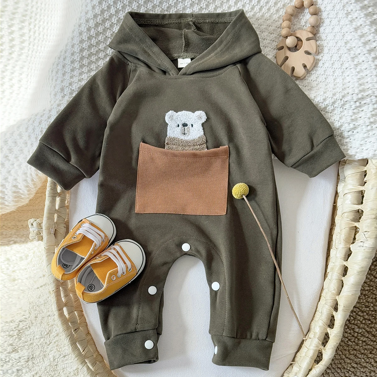 Autumn Korean Style Newborns Little Bear Pocket Long Romper Baby Boys Girls Bodysuit Comfortable Holiday Jumpsuit for 1-18 Month