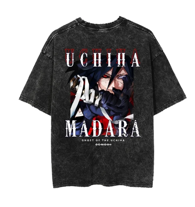 

Винтажная стираная уличная футболка Uchiha Madara с рисунком манги, большая уютная мягкая футболка, мужская одежда унисекс, футболки из чистого хлопка