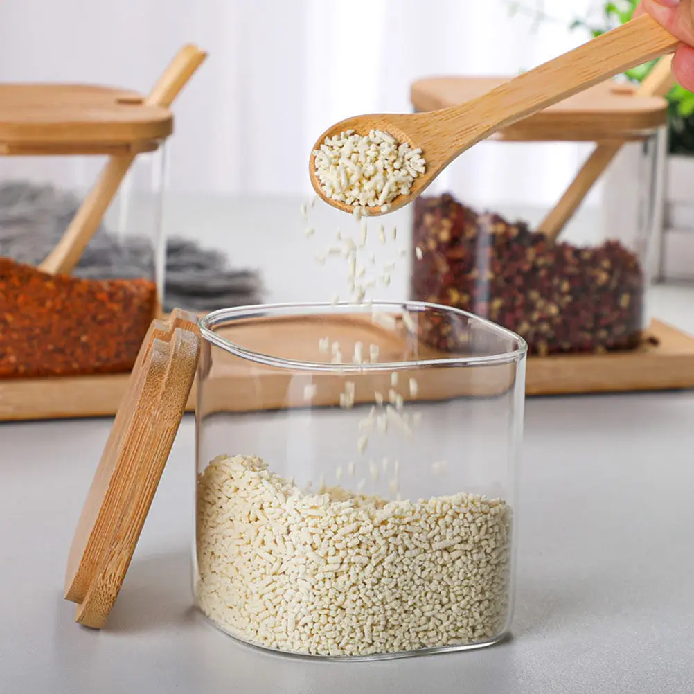 Tarro de cristal para condimentos con tapa de madera y cuchara para sal, azúcar, pimienta, especias, canela, albahaca, ajo, comino, almacenamiento de condimentos de cocina