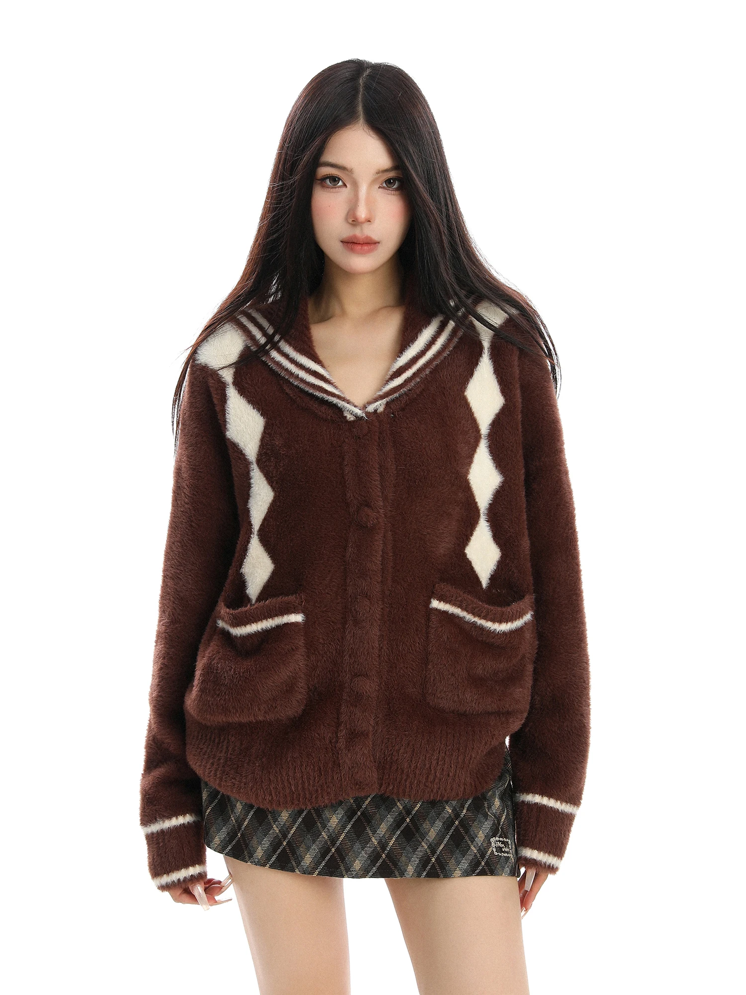 

Мягкий вязаный свободный свитер с воротником цвета индиго для женщин, осенне-зимний, в корейском стиле, с ромбовидным узором, открытый кардиган в стиле колледж