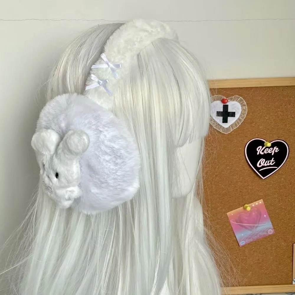 Śliczne pluszowe japońskie nauszniki Y2K gorące dziewczęce ciepłe futro zimowe Lolita słodka kobieta nauszniki Harajuku wszechstronne